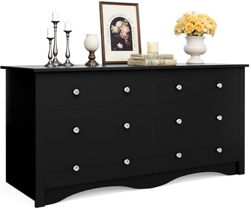 JUMMICO Black Dresser for Bedroom, 6 Wood Dresser Drawers, Wide Chest of Drawers, Storage Tower Unit, Modern Design for Bedroom, Living Room, Hallway, Entryway