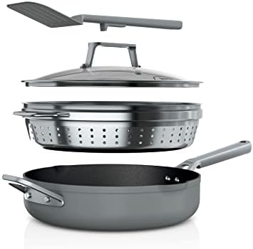 Ninja Foodi NeverStick 4 Quart Pan with Lid, Strainer, & Spatula, Oven Safe, Sea Salt Grey