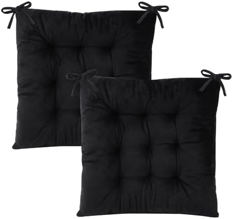 Set of 2 Chair Cushions for Dining Chairs with Ties, Indoor Non-Slip Kitchen Chair Pad and Dining Room Seat Cushion Mat for Office Living Room Outdoor 15.5" - Black