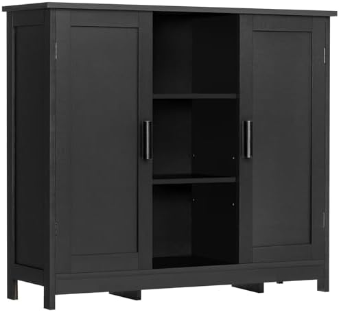 Iwell Storage Cabinet with 2 Doors and 4 Storage Shelves, Bathroom Cabinet, Cupboard for Living Room, Home Office, Entryway, Black