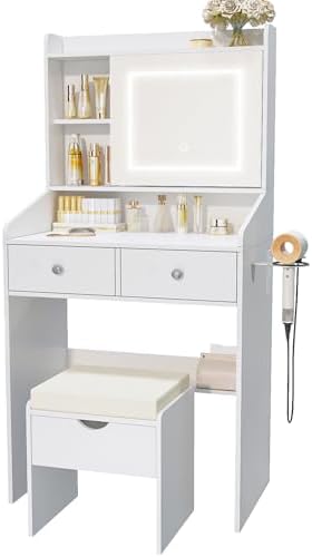 Vanity, Small Vanity Desk with Sliding Mirror, Dimmable LED Lights, 2 Drawers,Vanity Table Ideal for Bedroom (White)