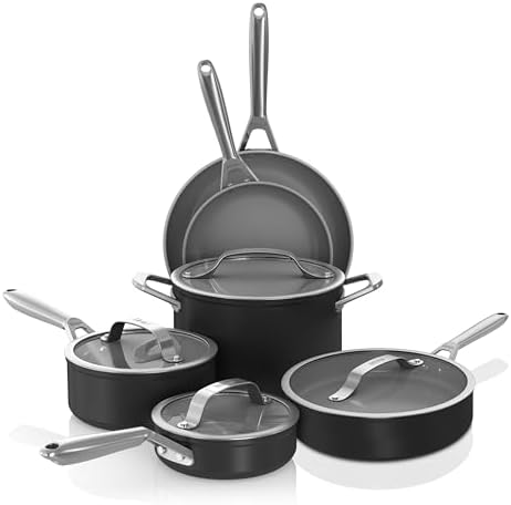 Ninja Ceramic Pro 10-Piece Cookware Set, Non-Stick Pots & Pans Set with Glass Lids, Nontoxic, PTFE Free, Ceramic Coated, Oven Safe, All Stovetops & Induction Compatible, Black, CW39010BK