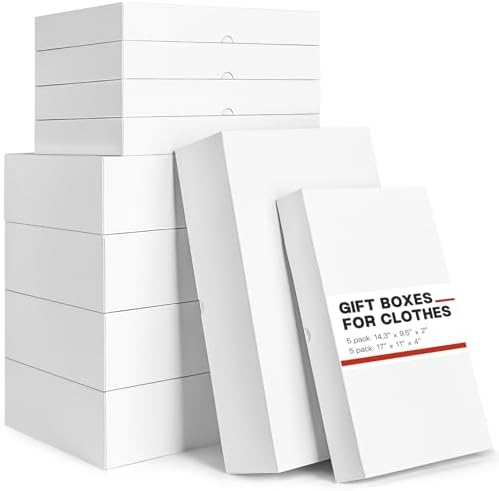 ZORRITA 10 Pack Gift Boxes with Lids for Presents, 5 Shirt Boxes & 5 Deep Large Robe Boxes, White Auto Pop-up Box for Clothes Christmas (14.3 x 9.5 x 2 Inch + 17 x 11 x 4 Inch)