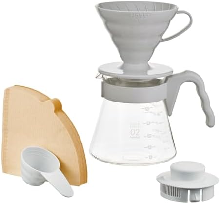 Hario V60 Pour Over Starter Set with Dripper, Glass Server, Scoop and Filters, Size 02, Pale Grey