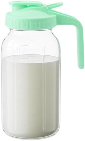 32oz Glass Pitcher with Lid &Pour Spout - 1 Quart Breastmilk Pitcher Double Leak Proof, Creamer Container for Sun Tea, Juice, Cold Brew Coffee, Breastmilk Storage Container -Green Lid