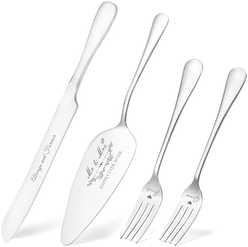 Wedding Cake Knife and Server Set, Silver Cake Cutting Set for Wedding, 4 Pieces Set with Forks for Engagements, Anniversaries, Bride and Groom