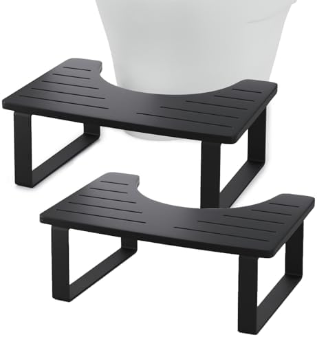 2 Pack Black Squatting Potty for Adults, Wooden Toilet Poop Stool, Bamboo Squat Pooping Stool with Metal Frame, 7 Inch Wood Potty Step for Bathroom, Portable Toilet Steps for Kids