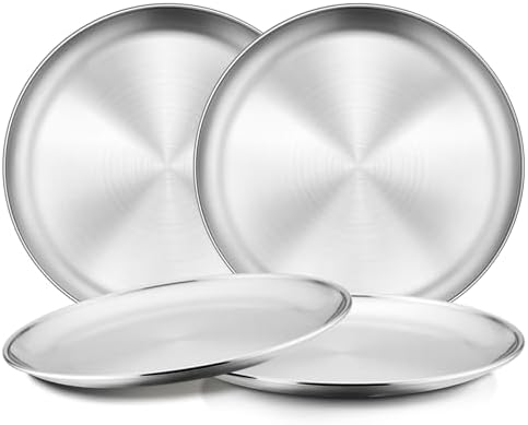 4-Piece Stainless Steel Plates 8 Inch 304(18/8) Metal Round Dinner Plate Kids Toddlers Dishes for Serving Dishwasher Safe