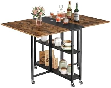 Folding Dining Table, Movable Dining Table, Expandable Kitchen Table, Versatile Table with 6 Wheels and 2-Tier Shelf, for Dining, Living Room, Apartment, Rustic Brown TCZ01BF