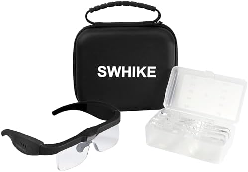 Magnifying Glass with Light Hands Free, Rechargeable Magnifying Glasses Headset with 5 Detachable Lenses and Storage Case for Close Work, Reading, Jewelry Making Crafts (Black)