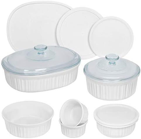 CorningWare French White 12-Pc Ceramic Bakeware Set with Lids Chip and Crack Resistant Stoneware Baking Dish, Microwave, Dishwasher, Oven, Freezer and Fridge Safe