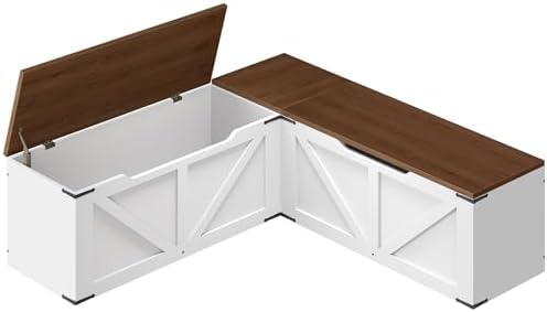 L-Shaped Storage Bench, Storage Toy Chest with Hidden Compartments, Breakfast Nook Bench for Corner Spaces, Kitchen, Dining Room, Cloakroom, Walnut and White CW01WH