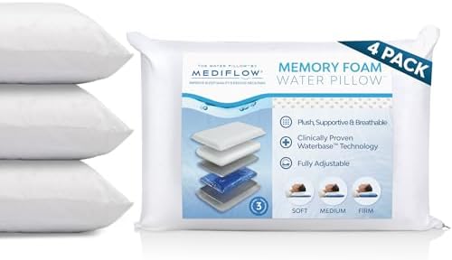 Water Pillow Memory Foam re-Invented with Waterbase Technology - Clinically Proven to Reduce Neck Pain & Improve Sleep Quality. (4 Pillows)