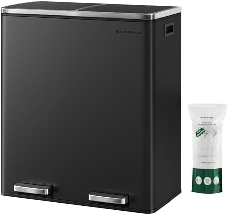 SONGMICS Trash Can, 2 x 8 Gallon (2 x 30 L) Garbage Can for Kitchen, with 15 Trash Bags, 2 Compartments, Plastic Inner Buckets and Hinged Lids, Airtight, Black ULTB60BK