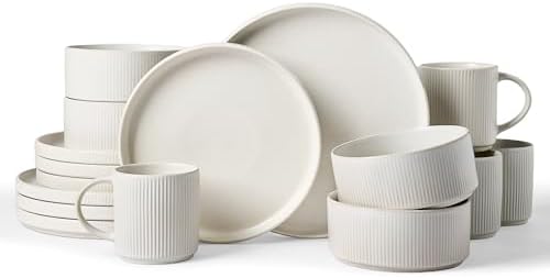 Famiware Star Dinnerware Set with Mugs, Service for 4 (16pcs), Ribbed Stoneware Plates and Bowls Dishes Sets - Chip & Scratch Resistant, Microwave & Dishwasher Safe, Matte White