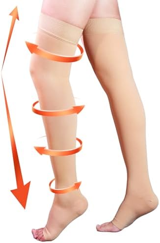 20-30 mmHg Compression Stockings for Women & Men, Thigh High Compression Socks Open Toe, Silicone Dot Band