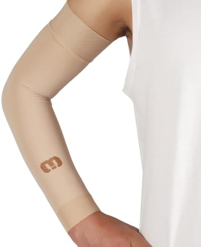 MGANG Lymphedema Compression Arm Sleeve for Women Men, Opaque, 15-20 mmHg Compression Full Arm Support with Silicone Band, Relieve Swelling, Edema, Post Surgery Recovery, Single Beige M