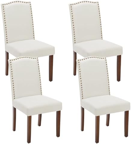 Sweetcrispy Dining Chairs Set of 4, Upholstered Fabric Kitchen Room Chair Mid Century Modern High-End Dining Room Side Chairs with Nailhead Trim and Wood Legs for Bedroom, Living Room, Beige