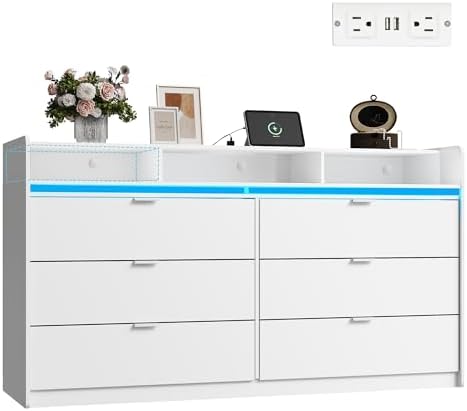 WLIVE 9 Drawer Led Dresser for Bedroom, 58.35'' White Wood Dresser Storage Organizer with Power Outlets for 65'' TV, Dressers with Open Shelves, Chest of Drawers for Closet, Living Room