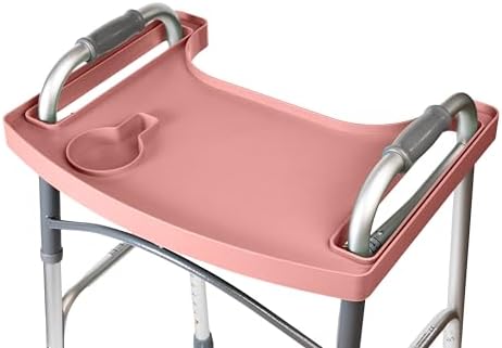 Sigo Pink Walker Tray for Rolling Folding Walker, Tray Table with Cup Holder for Standard Walkers Seniors, Detachable Non Slip TV Accessories Basket Holding Plate Cups Clip On Small Bag Carrier (Pink)