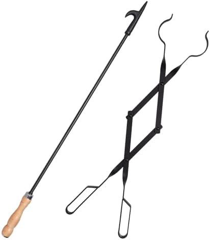 Heavy Duty 32” Long Fireplace Fire Pit Campfire Poker Stick and 26” Fireplace Tongs Tool Sets, Log Grabber, Rust Resistant Black Finish Camping Fireplace Tools for Indoor/Outdoor