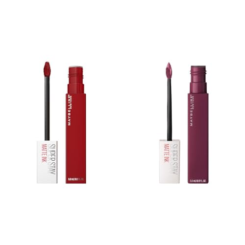 MAYBELLINE Super Stay Matte Ink Liquid Lipstick Bundle with Ruby Red Exhilarator & Deep Plum Believer Shades, 16H Wear