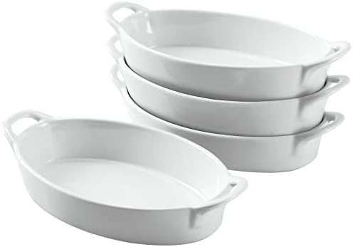 Bruntmor 8 x 5 inch Oval Porcelain Ceramic Deep Dish Au Gratin Pan Set of 4, Dual Handle Au Gratin Baking Dishes, Oven Safe Roasting Lasagna Pan For kitchen- White