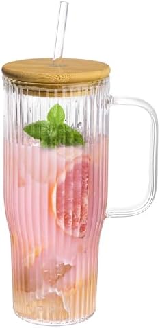 32oz Ribbed Glass Cup with Handle Bamboo Lid and Straw，Borosilicate Glass Tumbler, Iced Coffee Cups Hot/Cold Drinks