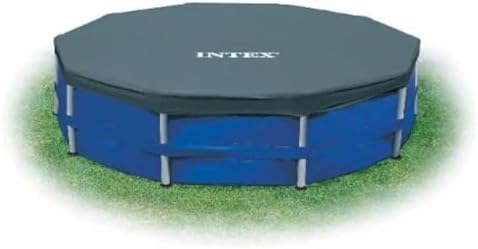 INTEX 28032E Pool Cover: for 15ft Round Metal Frame Pools – Includes Rope Tie – Drain Holes – 10in Overhang – Snug Fit
