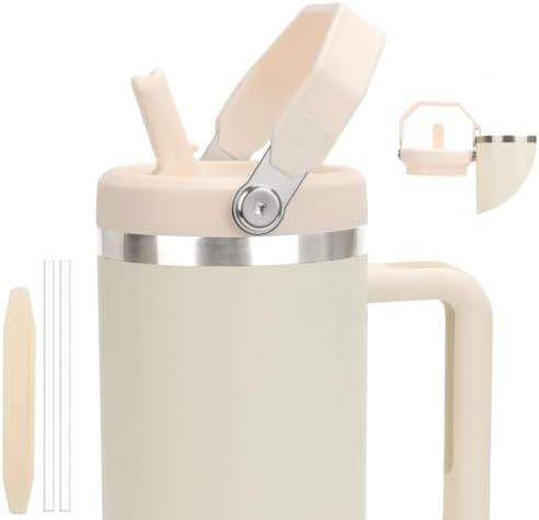 40oz Lid for Stanley Cup, Flip Straw Leak Proof Lids Replacement with Handle for 40oz Stanley Quencher and ProTour, No Spill Lids Reusable Removable Replacement Accessories for StanleyCup, (Lvory*1)