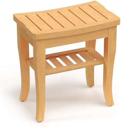 Bamboo Shower Bench, Spa Small Shower Stool for Inside Shower Waterproof, Bathroom Bench Seat with Storage Shelf for Adults Elderly Seniors, Wood Chair for Indoor or Outdoor Use, Natural