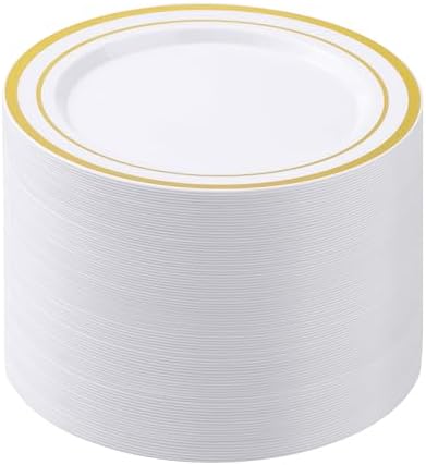 100PCS White Plastic Plates for Party, 10.25 Inch Disposable Plates with Gold Rim, Heavy Duty Dinner Plates for Christmas, Thanksgiving, Party, Wedding and Birthday