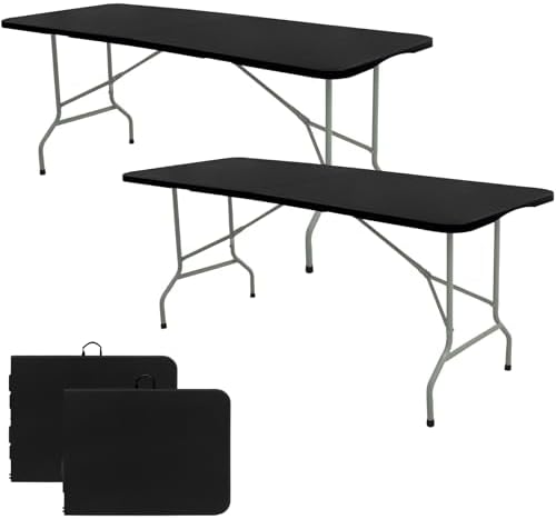 Set of 2 Folding Table 6 FT Lightweight Camping Table Portable Plastic Rectangular Outdoor Dining Table Steel Legs Fold-in-Half with Carrying Handle for Indoor,Picnic,Party,Wedding,Events(Black)