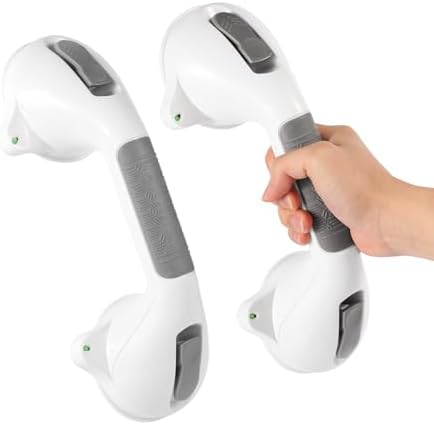 Suction Grab Bar with Safety Indicator for Bathtub Shower Bathroom, Heavy Duty Handrail Removable Reusable for Elderly Disabled and Kids, Anti-Slip Grip, No Drilling Tool Free, Waterproof Grey