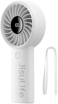 JISULIFE Handheld Portable Fan with Powerful Motor,LED Display,5000mAh Battery,5 Wind Speeds,Lanyard; Summer Essentials USB Rechargeable Hand held Fan for Travel,Beach,Makeup,Concerts-Gery