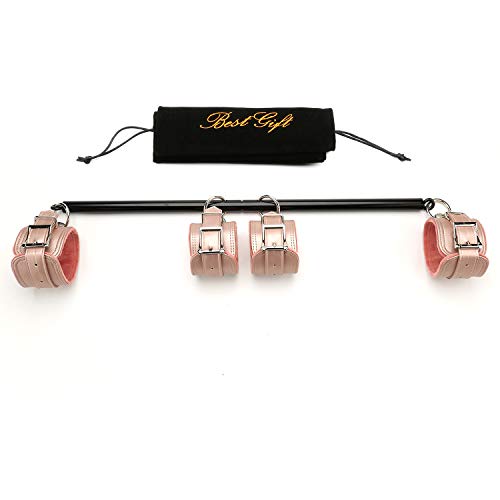 Adjustable Pilates Expandable Spreader Bar Set with 4 Adjustable Fur Straps Sports Aid Training Fitness Gear(Black+Pink Kit)