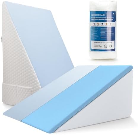 [2025 New 12" Memory Foam Wedge Pillow for Sleep Apnea, Sleeping, Acid Reflux Relief, Snoring, Dual Sided Cooling & Warm Fabric Triangle Pillow Wedge for After Surgery, Back, Leg - Blue