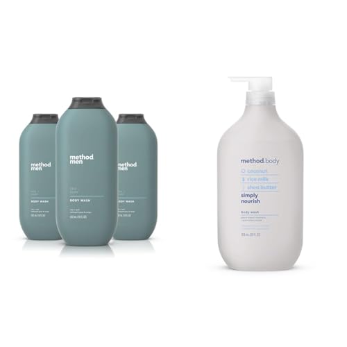 Method Men Body Wash, Sea + Surf, Paraben and Phthalate Free, 18 FL Oz (Pack of 3),Softening & Body Wash, Simply Nourish, Paraben and Phthalate Free, Biodegradable Formula, 28 oz (Pack of 1)