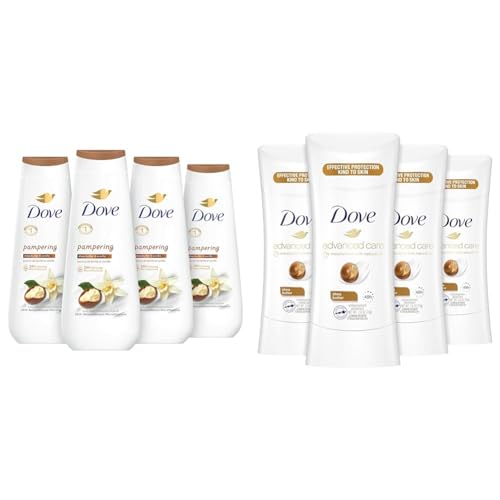 Dove Body Wash Pampering Shea Butter & Vanilla 4 Count for Renewed & Antiperspirant Deodorant Stick for 48 Hour Protection And Soft And Comfortable Underarms, Shea Butter