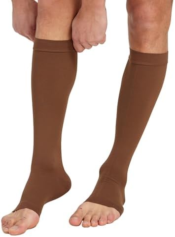 MGANG® 20-30 mmHg Compression Stocking for Men and Women, Medical Compression Socks, Knee High Length, Open Toe, for DVT, Varicose Veins, Relief Shin Splints, Edema, Brown X-Large