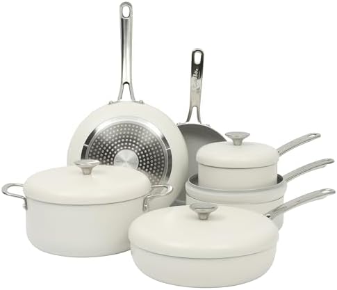 Sur La Table Kitchen Essentials Potluck Porch 10 Piece PFA Free Ceramic Non stick Interior Forged Aluminum Cookware Pots and Pans Set W/Aluminum Lids - Linen White - Induction Compatible