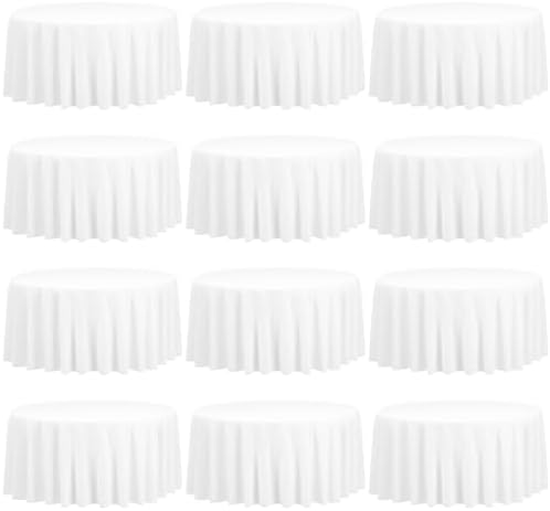 12 Pack 120 Inch Round Tablecloth, White Polyester Fabric Table Cloth for Round Table, Washable Tablecover for Wedding Party Dining Buffet Banquet Restaurant and Camping