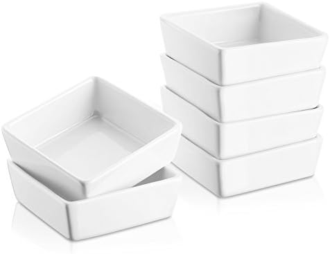 DOWAN Creme Brulee Ramekins 6 oz Oven Safe, Small Ceramic Square Ramekin, Custard Cups Souffle Baking Dish, Dipping Bowls Soy Sauce Dish Appetizer Plates, Set of 6, White
