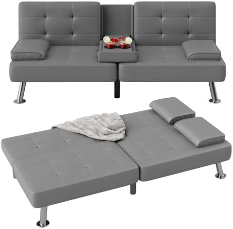 Flamaker Futon Sofa Bed Modern Folding Futon Set PU Leather Convertible Recliner Lounge for Living Room with 2 Cup Holders, Removable Armrests (PU Leather, Grey)