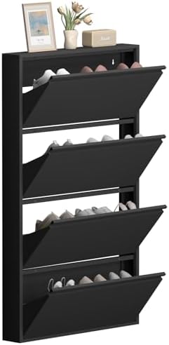 GREATMEET Shoe Cabinet with 4 Flip Drawers, Metal Shoe Storage Cabinet for Entryway, Modern Narrow Hidden Shoes Rack, Shoe Organizer Cabinet Wall Mount for Living Room, Bedroom, Hallway,Black
