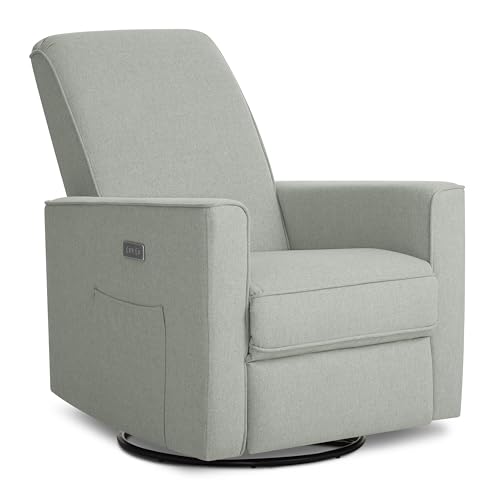 Evolur Harlow Upholstered Power Glider Recliner with USB Charging – Rocking & 360° Swivel with Smooth Glide – Greenguard Gold & FSC Certified – Modern Nursery and Living Room Chair in Light Grey