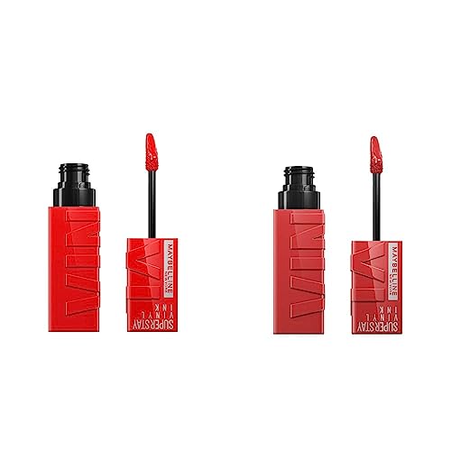 MAYBELLINE Super Stay Vinyl Ink Longwear No-Budge Liquid Lipcolor Makeup Bundle with Peachy 0.14 fl oz and Red-Hot 0.14 fl oz