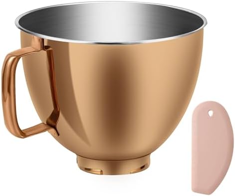 5 Quart Metallic Finish Stainless Steel Mixer Bowl for KitchenAid Classic&Artisan Series 4.5-5 QT Tilt-Head Mixer, Copper Color, Silicone Scraper, Dishwasher Safe, Fit K45SS KSM75 KSM90 KSM150