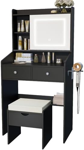 Vanity, Small Vanity Desk with Sliding Mirror, Dimmable LED Lights, 2 Drawers,Vanity Table Ideal for Bedroom (Black)