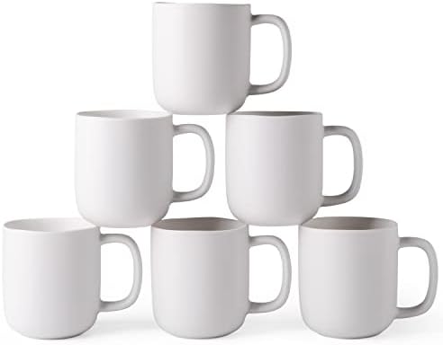 AmorArc 14oz Coffee Mugs Set of 6, Ceramic Coffee Mugs with Large Handle & Wavy Rim for Latte/Hot Cocoa/Tea, Stylish Coffee Cups for Men Women. Oven,Dishwasher&Microwave Safe, Matte White